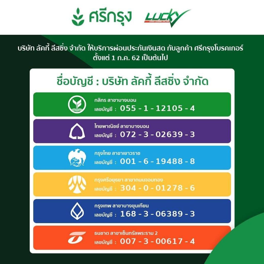 บัญชีลัคกี้ ลิสซิ่ง ให้บริการผ่อนประกันเงินสดกับลูกค้า
