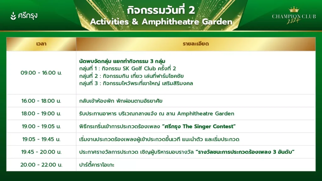 กำหนดการเขาใหญ่ Champion Club 2024