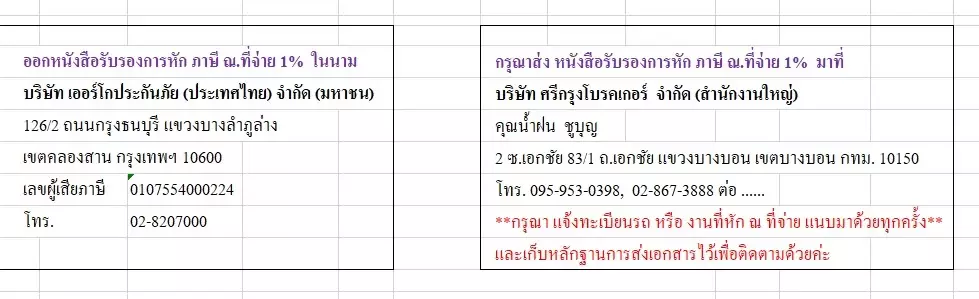 ที่อยู่จัดส่ใบภาษีหักณที่จ่าย